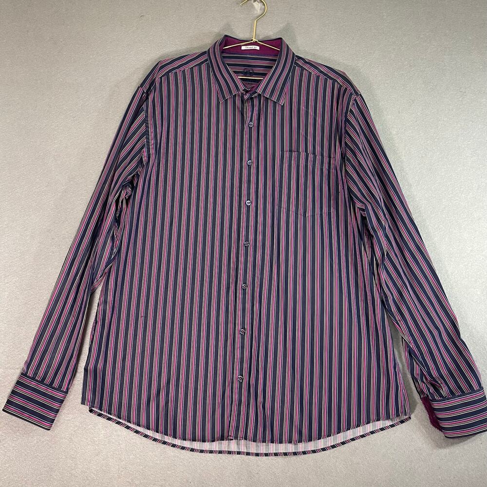 Bugatchi Uomo XXL Shaped Fit Purple Striped Button Up Casual Dress Shirt Cotton